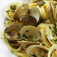 pasta with clams and broccoli on a white plate