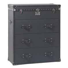 a black chest with five drawers and two locks on the front, one door open