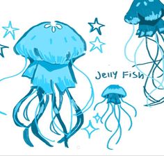 jelly fish and starfish are drawn in blue ink