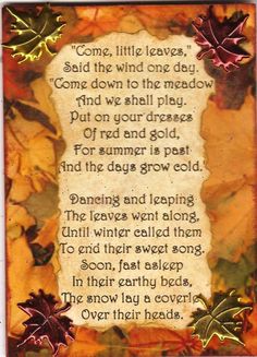 a card with an autumn poem written in the center and leaves around it, on top of