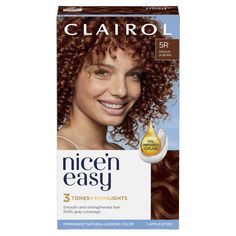 PRICES MAY VARY. Get natural-looking color with Clairol Nice'n Easy 5R Natural Medium Auburn Creates 3 salon tones and highlights in 1 simple step using Color Blend technology Covers 100% of grays with complementary highlights and lowlights for an authentic look Get permanent auburn hair color that lasts up to 8 weeks One hair color application kit: ColorBlend Formula, ColorBlend Activator, CC Plus ColorSeal Conditioner, Expert gloves Medium Auburn Hair Color, Medium Auburn Hair, Light Auburn Hair Color, Auburn Hair Color, Easy Hair Color, Light Auburn Hair, Textured Curly Hair, Ginger Hair Color, Hair Color Auburn