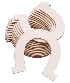 a set of five white wooden letters with brown stripes on the front and back of each letter