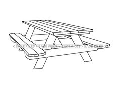 a picnic table that is drawn in black and white, with the outline of it