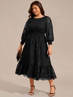 The Plus Size Long Sleeve Round Neckline Chiffon Wedding Guest Dress offers a blend of comfort and sophistication. With its elegant round neckline and long sleeves, this midi dress is crafted from lightweight chiffon that drapes beautifully, creating a flattering silhouette. Ideal for weddings and other formal events, it offers both style and ease, making it a perfect choice for plus-size guests. Fit: Please refer to size chart. Length: Tea length. Sleeve Style: Long sleeves. Closure: It is conc Black Tie Wedding Guest Dress Plus Size, Dresses With Embroidery, Black Wedding Guest Dresses, Goddess Gown, Tea Length Dress, Lotus Leaf, Tea Length Dresses, Guest Dress, Black Prom Dresses