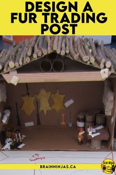 an image of a fake doll house made out of cardboard and paper with the words design a fur trading post written below it