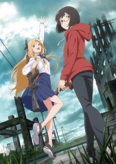 two anime characters standing next to each other in front of some tall buildings and cloudy skies