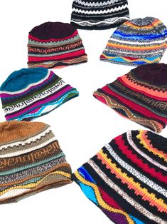 six knitted hats arranged in a circle