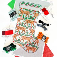 Tiger and Holly Stocking Kit - KC Needlepoint Bird Wreath, Blue Stockings