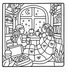 a black and white drawing of two women sitting at a table in front of a window