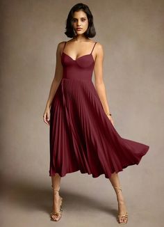 Emma Wine Pleated Midi Dress | Azazie Fitted A-line Suspender Dress For Evening, A-line Midi Dress With Accordion Pleats For Party, Solid V-neck Suspender Dress For Party, Pleated A-line Midi Dress For Dinner, Pleated V-neck Dress With Fitted Bodice, Ruched A-line Pleated Party Dress, Elegant A-line Dress With Adjustable Straps, Chic A-line Pleated Dress For Party, Fitted A-line Slip Dress With Adjustable Straps