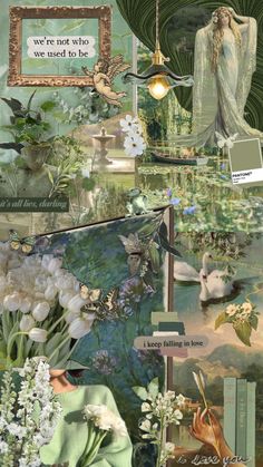 a collage with flowers, pictures and words on the bottom right corner is an image of a woman in a green dress