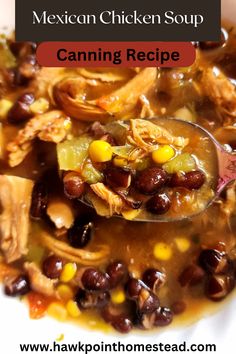 mexican chicken soup with beans and corn in a white bowl