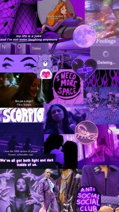 the collage shows many different images in purple and black colors, including an image of a woman's face