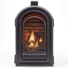 an open fireplace with flames burning in it's side and the top half lit