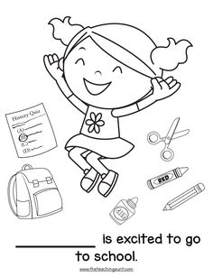 a girl is excited to go to school coloring page