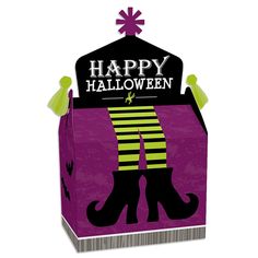 a halloween treat box with an image of a woman's legs in striped stockings