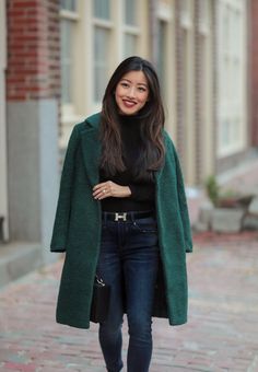 Green With Black Outfit, Dark Green Coat Outfit, Green Wool Coat Outfit, Hermes Belt Women Outfits, Green Coat Outfit Winter, Hermes Belt Outfit, Pine Green Outfit, Green Coat Outfit, Petite Winter Coats