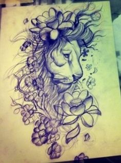 a drawing of a lion with flowers on its head