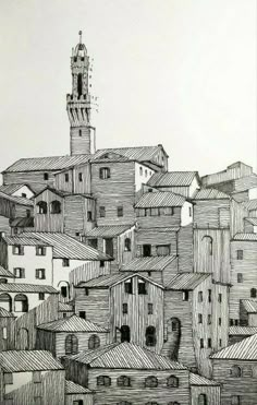 an ink drawing of a city with buildings and a clock tower in the middle of it