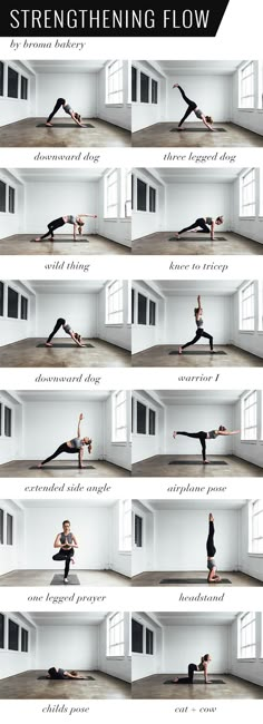 a series of photos showing different poses for the woman to do yoga in front of a window