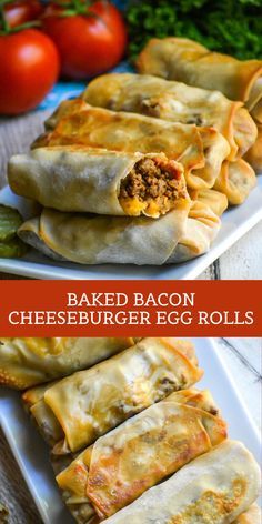 baked bacon cheeseburger egg rolls on a white plate with tomatoes in the background