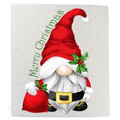 a square tile with a santa clause holding a sack of presents and the words merry christmas on it