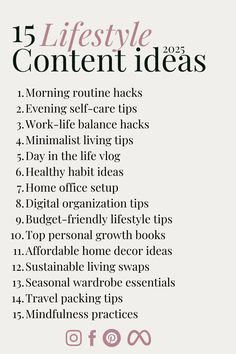 Looking for fresh Content Ideas for TikTok and Content Ideas for Instagram? These 15 killer Lifestyle Content Ideas will help you create engaging videos and posts to captivate your audience. From productivity hacks and self-care routines to minimalist living tips, these lifestyle content ideas are perfect for content creators aiming to inspire and engage their followers. Whether you’re sharing your daily routine or sustainable living hacks, these Content Ideas for TikTok and Instagram will elevate your social media game in 2025! #lifestyle #lifestylecontent #influencer #instagram #tiktok #contentidea #contentideas January Vlog Ideas, Content To Post On Tiktok, Relatable Content Ideas, Lifestyle Social Media Post Ideas, Fashion Influencers Instagram Bio, Tiktok Lifestyle Video Ideas, Social Media Influencer Tips, Lifestyle Influencer Content Ideas, Content Creating Ideas