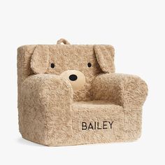 a teddy bear chair with the word bailey on it's seat and eyes drawn in black ink