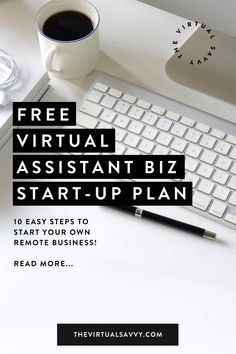 a white desk with a keyboard, mouse and coffee on it that says free virtual assistant biz start - up plan