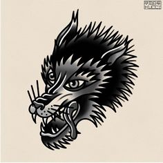 a black and white drawing of a wolf's head