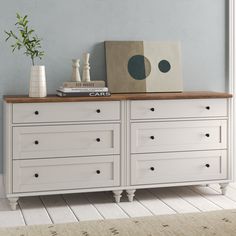 Laurel Foundry Modern Farmhouse® Keyla 6 Drawer 67.7" W Double Dresser & Reviews | Wayfair Painted Dresser Wood Top, White Dresser Wood Top, Modern Farmhouse Dresser, Refurbish Ideas, Beach Home Interiors, Dresser Diy, Dresser Wood, Dresser Ideas, Wood Drawer Pulls