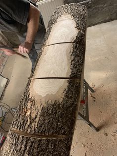 a man is working on a tree trunk