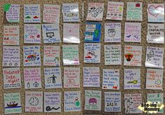 a bulletin board covered in lots of different types of notes and pictures with words written on them