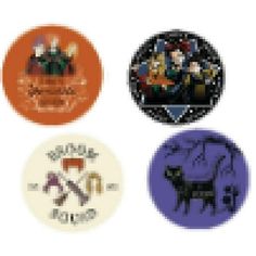 four coasters with cartoon characters on them, all in different colors and sizes to choose from