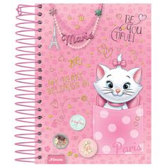 a pink notebook with an image of a cat in the pocket and some buttons on it