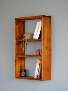 a wooden shelf with books and plants on it