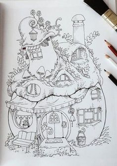 a drawing of a house in the woods with trees and houses on it, surrounded by pencil