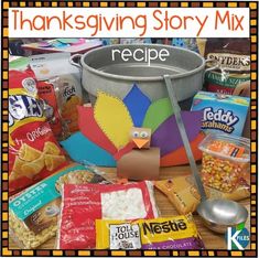 a thanksgiving story mix with an image of a turkey in a bucket and other food items