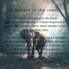 an elephant walking down a path in the woods with a poem written on it that says elephant in the room