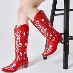 Red Matte Chunky Hi-Heels Rhinestones Embroidered Pull On Cowgirl Western Boots Slip On Heel Height: 1.18 Inch Upper Material: Pu Leather Lining Material: Pu Leather Insole Material: Pu Leather Outsole Material: Rubber Red Western Summer Boots, Red Rhinestone Boots With Round Toe, Red Rhinestone Round Toe Boots, Red Rhinestones Round Toe Boots, Just Fab Boots, Cowgirl Boots Square Toed, Knee High Western Boots, Clarks Boots, Womens Riding Boots