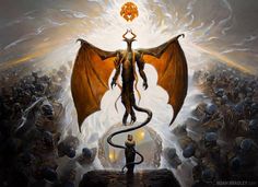 a man standing on top of a giant dragon next to a crowd of other people