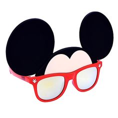 the mickey mouse sunglasses are red and black with white ears on it's head