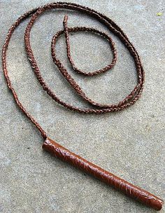 a long brown rope with a wooden handle on it's end is laying on the ground