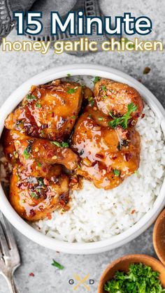 a bowl filled with chicken and rice on top of a table