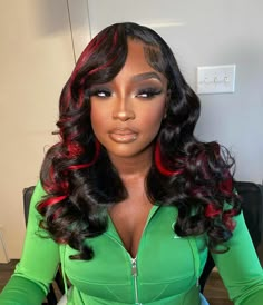 Red Highlight Wig For Black Women, Black Wigs With Red Highlights, Red Highlights Quick Weave, Black Wig Red Highlights, Side Part Quick Weave With Color, Red Highlights Black Women, Red Highlight Wig, Black Hair Quick Weave, Valentine Shoot