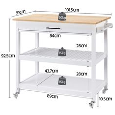 the measurements for a kitchen island with drawers and shelves on each side are shown in white