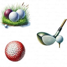 three different types of golf balls in the grass and one with a driver's club