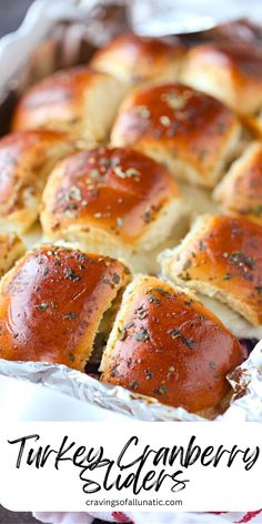 Turkey cranberry sliders in a baking dish lined with foil. Leftover Turkey Freezer Meals, Unique Turkey Recipes, Thanksgiving Leftover Sliders, Easy Party Meals For A Crowd, Cranberry Leftover Recipes, Thanksgiving Meals Without Turkey, Thanksgiving Tacos, Turkey Sliders Recipes, Thanksgiving Turkey Sliders