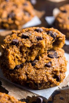 chocolate chip cookies stacked on top of each other