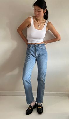 Vintage 100% cotton denim Levis 501 jeans. Featuring boyfriend fit, button fly, high rise, soft faded medium wash patina and classic timeless style and fit. Levis 501-0193 for Women made in USA - tagged size 30 x 32 Measured: Waist 28. Rise 12. Hips 42. Inseam 31.5. Flat at thigh 11.5. Flat at ankle 7.5. Model is 5'10 size 2/4 Condition: no holes or tears with light stain on left knee at light fray at inner thigh sh 1 Levis 501 Jeans, Timeless Classic Style, Vintage Levis 501, Black Aviators, Faded Jeans, Neon Purple, 501 Jeans, Vintage Studio, Fly High